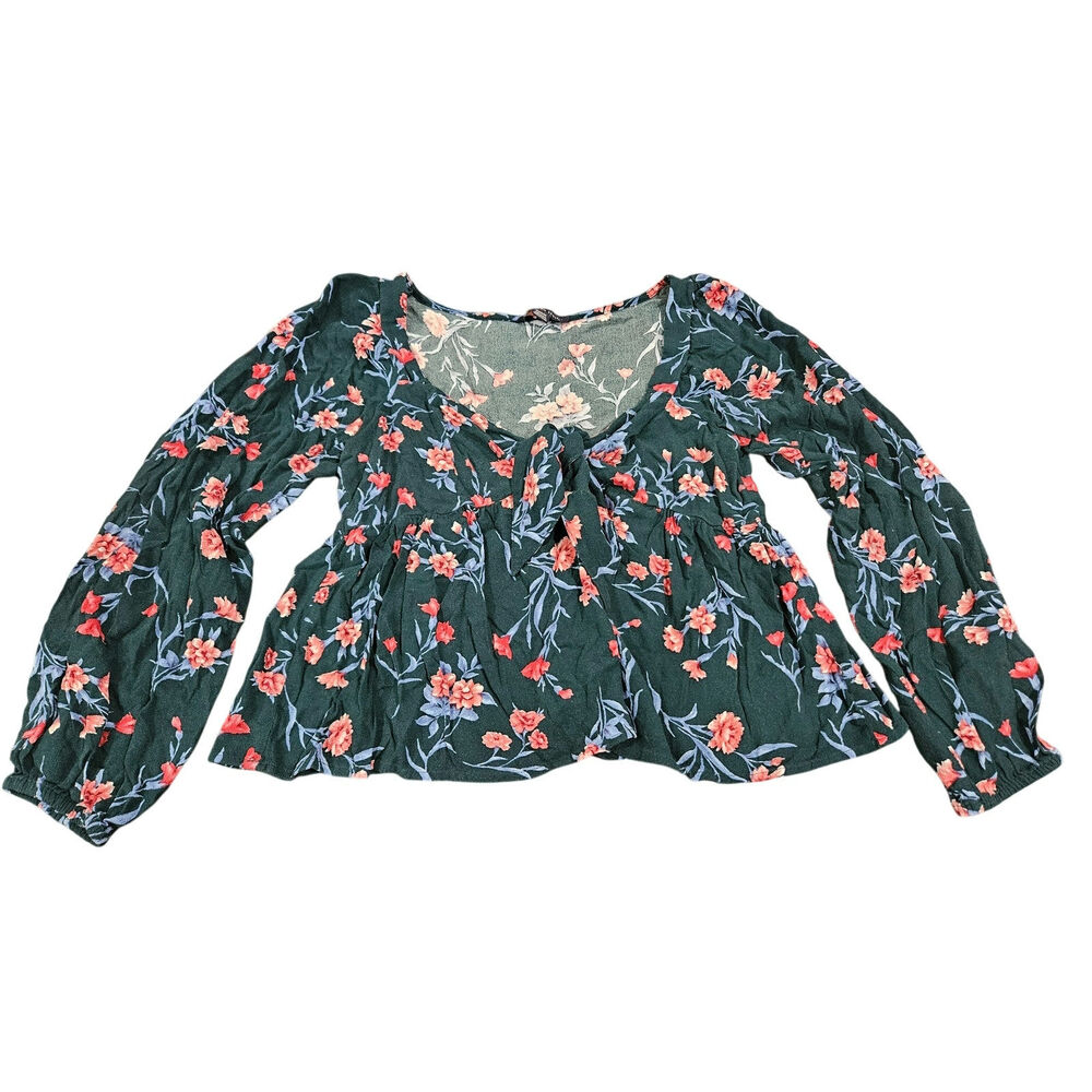 American Eagle Floral Babydoll Tie Front Peasant Top Long Sleeve M